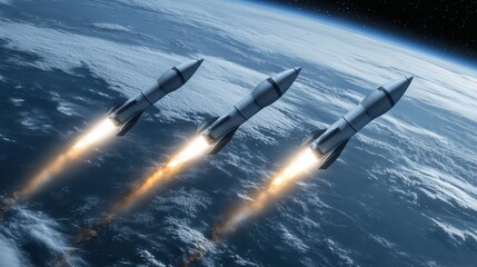 Obraz premium Formation Flight, three rockets launch into space above Earth's atmosphere, showcasing advanced aerospace technology.