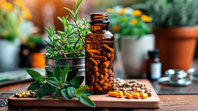 A natural health setup featuring a glass bottle of herbal capsules surrounded by fresh greenery. Concept of wellness and the integration of traditional remedies with modern health.