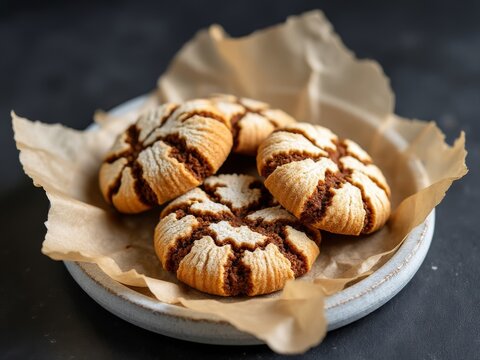 Golden brown cracked cookies served on a parchment-lined plate, showcasing a rustic homemade aesthetic with a close-up view and textured details