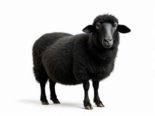Fototapeta premium Portrait of a black sheep with golden eyes and thick textured wool, captured against a bright white background, highlighting its striking and serene features