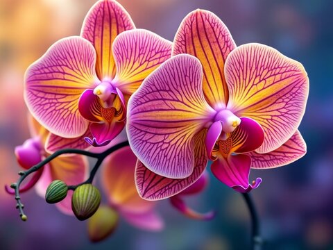 Exotic orchids with pink, yellow, and orange petals, blooming in pairs on a stem with buds, displayed against a colorful gradient background for a tropical botanical aesthetic
