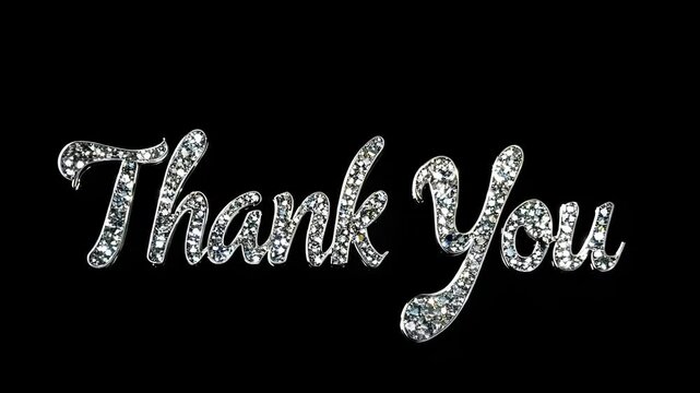 Silver bedazzled 3d letters "Thank you" on black alpha key background. Typographic sign made of rhinestones, shiny gemstones. Premium design symbolizing gratitude and appreciation.