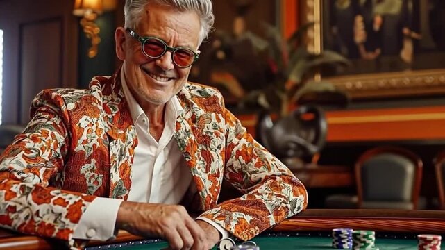A stylish older gentleman in a floral suit sitting confidently at a casino table. Concept of charisma and the sophistication of high-stakes gambling.