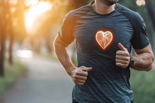 Twilight Runner at riverside with X-Ray Heart Overlay Fitness and Cardiovascular Health Connection Concept