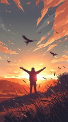 Obraz premium Silhouette of person celebrating victory at sunset with birds in sky
