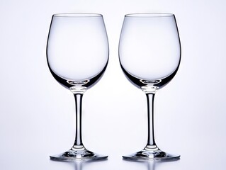 Two empty wine glasses sitting side by side on a reflective surface