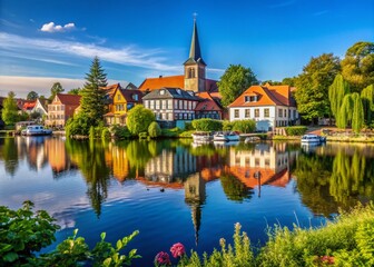 Obraz premium Captivating Architectural Views of Eutin am See in Ostholstein Showcasing Historic Buildings, Scenic Waterfront, Lush Surroundings, and Charming Town Atmosphere