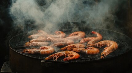 An outdoor grill setting with large shrimp sizzling over hot coals, smoke rising, creating an inviting atmosphere for seafood lovers.