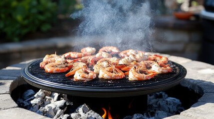 An outdoor grill setting with large shrimp sizzling over hot coals, smoke rising, creating an inviting atmosphere for seafood lovers.