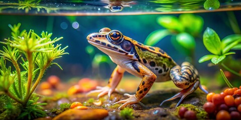 Fototapeta premium Captivating Baby Common Frog Rana temporaria in a Home Aquarium Surrounded by Lush Woods and Aquatic Plants, Perfect for Nature and Wildlife Enthusiasts
