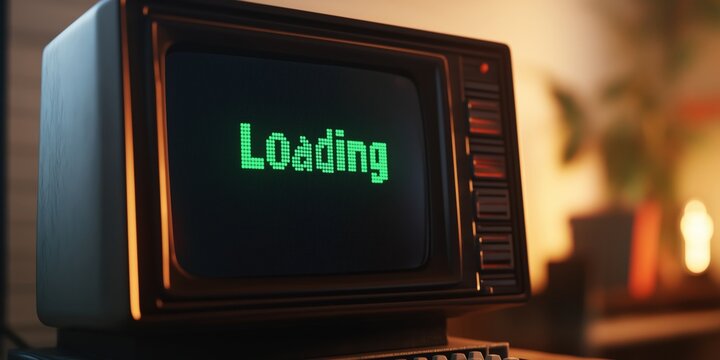 A vintage computer screen loading interface, pixelated "Loading" text blinking in green on a black CRT screen - Powered by Adobe