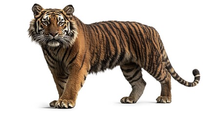 A tiger standing with one paw raised as if about to take a step on a white background