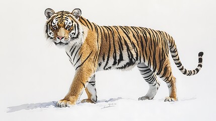 A tiger standing with one paw raised as if about to take a step on a white background