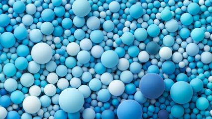 Colorful matte soft balls in ocean blue bright colors and different sizes. Background with many colored big and small random spheres. Flat lay with lots of different colored orbs. Vector background