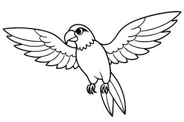 parrot with open wings head slightly turned line art vector silhouette on white background