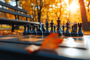 Beautiful chess pieces arranged on a board in a serene autumn park setting during sunset