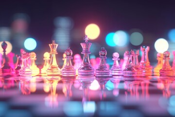 Majestic chess pieces illuminated by colorful lights at night creating a vibrant atmosphere for strategic play
