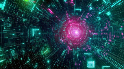 Obraz premium A technological internet background featuring a network of interconnected circles, forming a cyber network. The design includes various elements of technology and holograms.