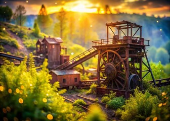 Captivating Bokeh Effect in an Abandoned Mine Scene with Rusty Machinery and Overgrown Vegetation, Evoking Mystery and Nature's Reclamation of Forgotten Spaces