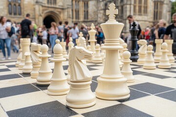 Chess pieces strategically positioned on a large outdoor board in a crowded public space during daytime
