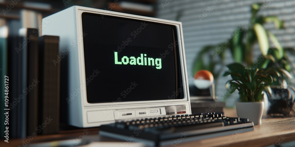 Poster a vintage computer screen loading interface, pixelated 
