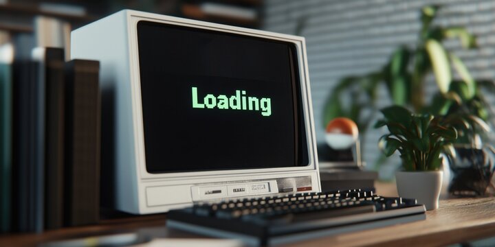 A vintage computer screen loading interface, pixelated "Loading" text blinking in green on a black CRT screen - Powered by Adobe