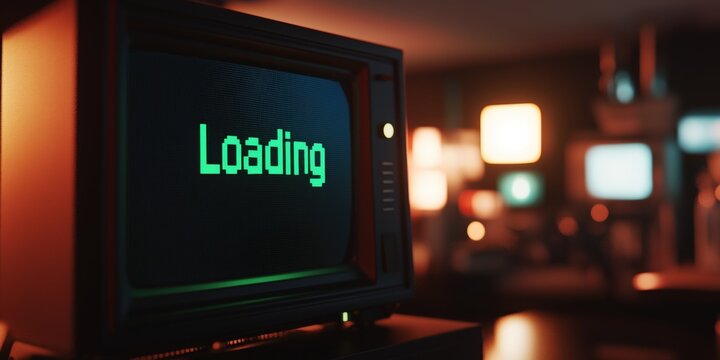 A vintage computer screen loading interface, pixelated "Loading" text blinking in green on a black CRT screen - Powered by Adobe