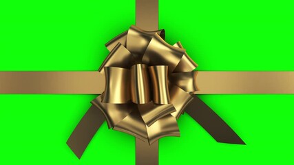 Opening Golden Gift Box, Untying Ribbons and Big Bow Beautiful 3d Animation. Unpacking Gold Giftbox, Green Screen Alpha Channel Elements. Receiving Present Christmas Illustration. New Year Concept 4k. - Powered by Adobe