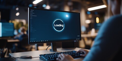 A focused programmer sitting at a dimly lit workstation, their hands typing on a mechanical keyboard, with a monitor displaying a glowing "Loading" message alongside a spinning circular progress bar