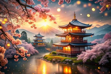 Obraz premium Captivating Bokeh Effect of Japanese Art: Enchanting Landscapes, Traditional Patterns, and Cultural Elements Blending in a Dreamlike Atmosphere, Perfect for Art Lovers and Enthusiasts