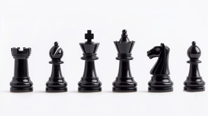 Black chess pieces lined up strategically on a table ready for an intense match