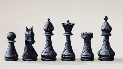Black chess pieces arranged on a light background in a classic chess setup for strategy enthusiasts