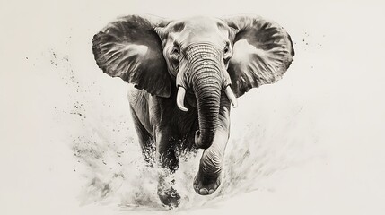 An elephant mid-stride with its large feet lifting off an implied surface on a white background