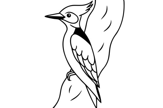 recommend clip art: woodpecker on tree profile with distinctive head line art vector silhouette on white background