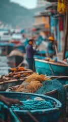 Fototapeta premium Lively fishing village market brimming with fresh catches, woven nets, and moving boats