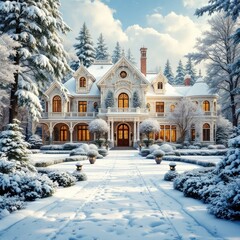 Dreamy snowy suburban home, perfect for cozy winter.