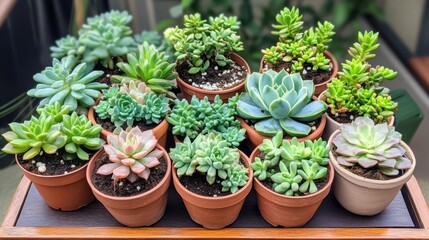 A vibrant collection of various succulents in terracotta pots, showcasing their unique shapes and lush green colors, perfect for indoor gardening.