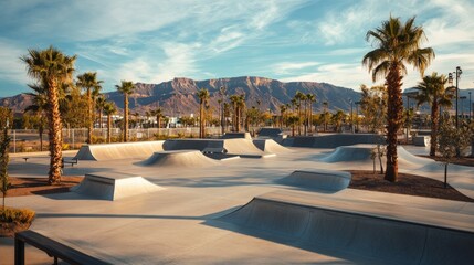 Fototapeta premium Desert Skatepark With Mountains And Palm Trees