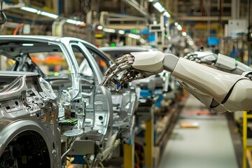 Fototapeta premium Robotic arm assembling car frame in modern automotive factory