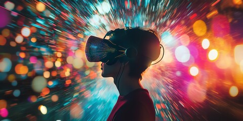 A person immersed in a world of virtual reality, highlighting innovation and modern exploration.