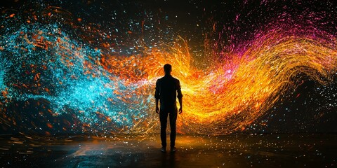 Fototapeta premium An abstract representation of a person engulfed in colorful light streams, symbolizing vitality and passion.