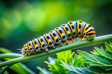Naklejka premium Captivating Close-Up of a Green, Yellow, and Black Caterpillar on a Leaf Surrounded by Lush Green Foliage, Showcasing Nature's Intricate Patterns and Textures