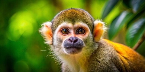 Obraz premium Captivating Close-Up of an Amazon Common Squirrel Monkey's Curious Face with a Softly Blurred Background Highlighting Its Playful Expression in a Natural Habitat Setting