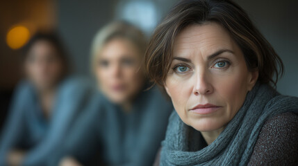 Fototapeta premium Support group woman with serious expression sitting in focus during discussion