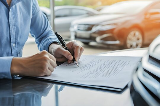 Person signing contract at a car dealership in daylight