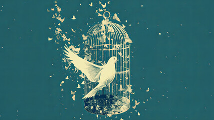 White bird escaping cage representing freedom and release