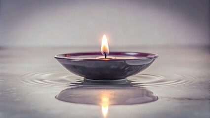 A Single Candle Flame Floating in a Purple Dish on Water