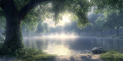 Obraz premium A serene river scene at dawn, featuring lush green trees and a soft mist hovering over the water, creating a tranquil atmosphere. Perfect for nature-themed projects.