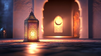 3d illustration of isolated Islamic background with ramadan lantern and crescent. Copy space.