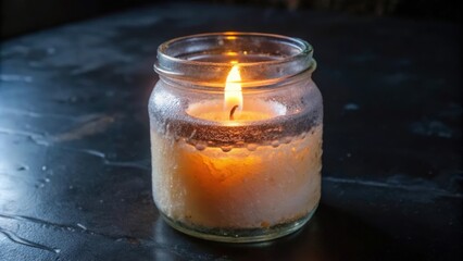 A Lit Candle in a Glass Jar on a Dark Surface